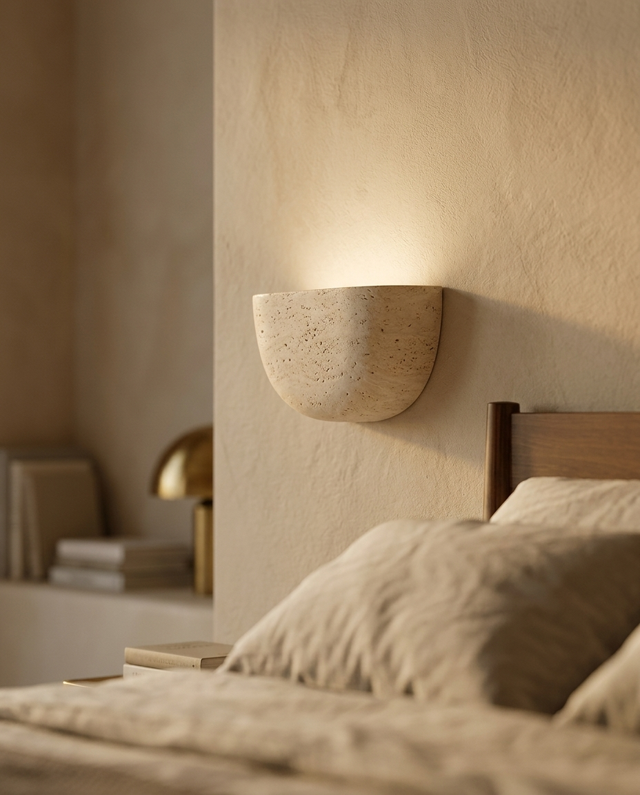 Wabi-Sabi Travertine Wall Sconce in luxury residential bedroom, warm plaster walls, golden hour light