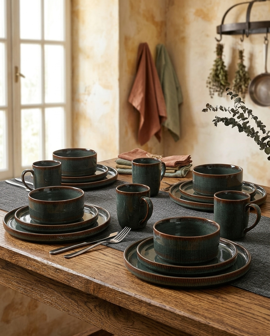 Green Ribbed Stoneware Dinnerware Set, 16-Piece