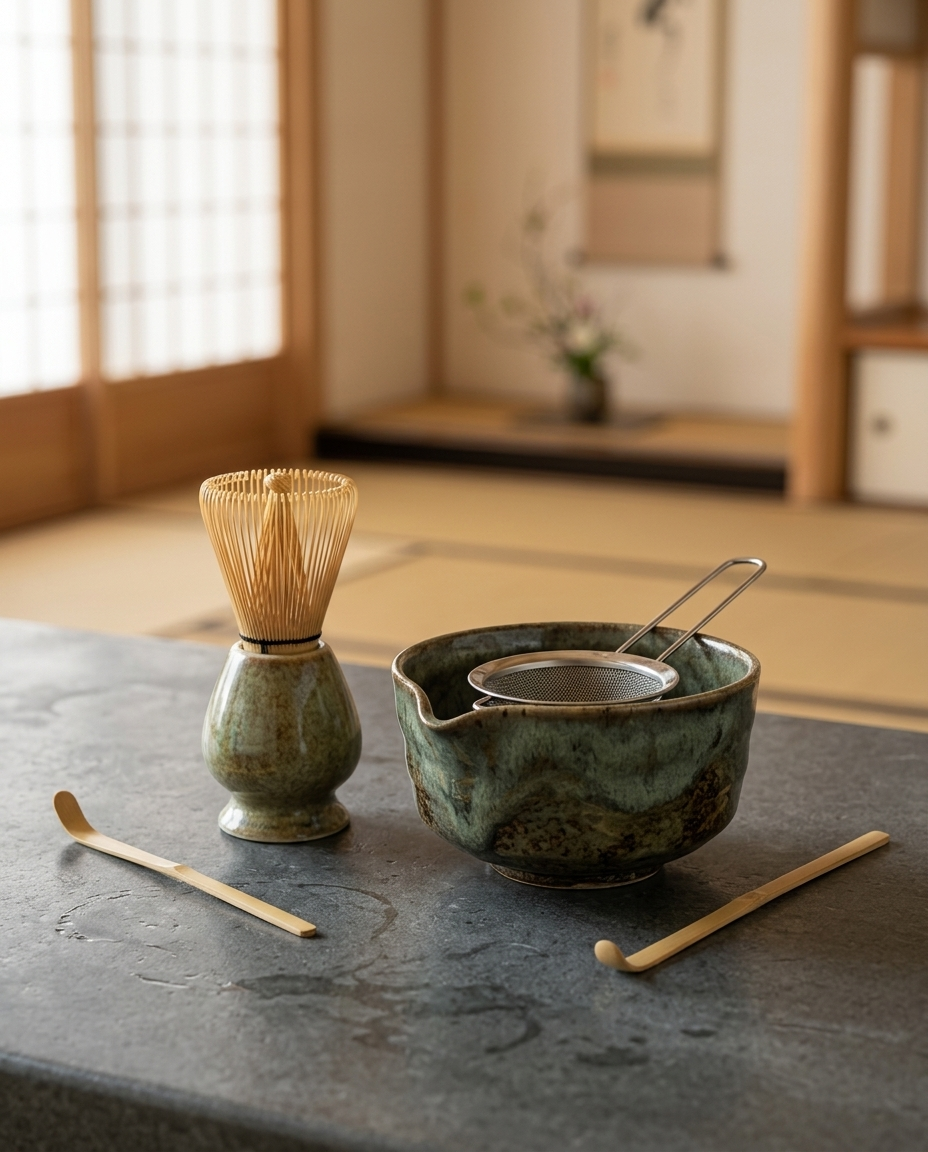 Japanese Matcha Tea Ceremony Set on Japanese stone surface, serene tea room, soft morning light through shoji screens