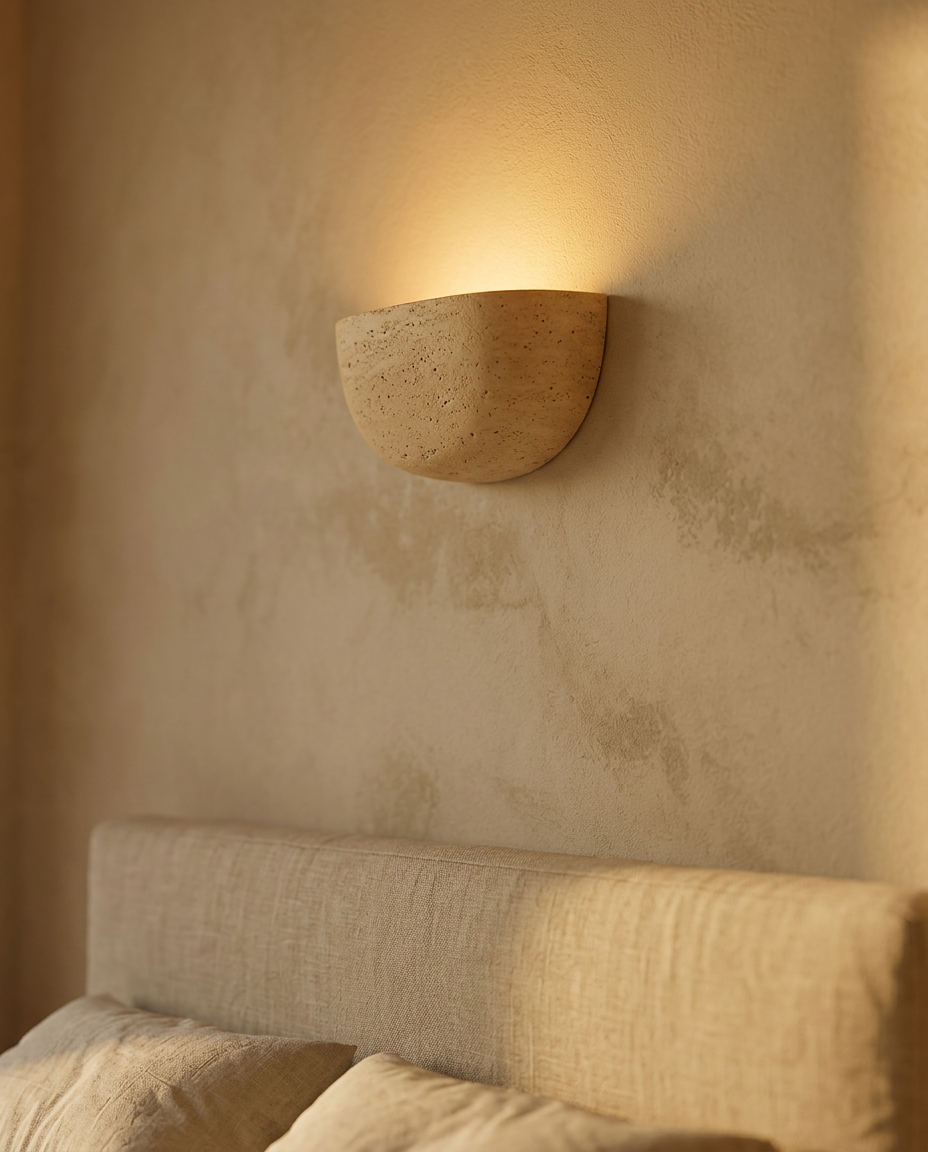 Wabi-Sabi Travertine Wall Sconce low angle view, luxury bedroom, linen headboard, evening light