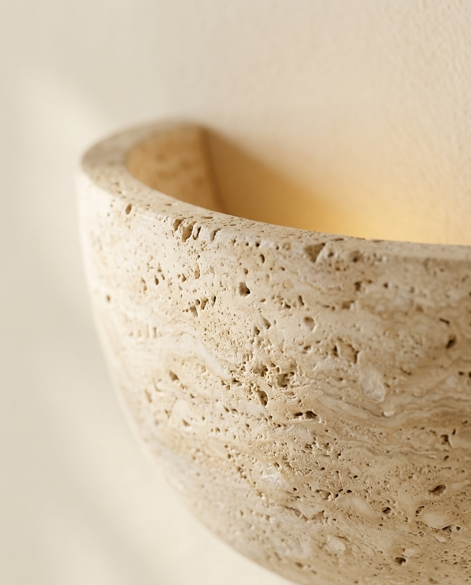 Wabi-Sabi Travertine Wall Sconce close-up detail, natural stone texture and travertine grain
