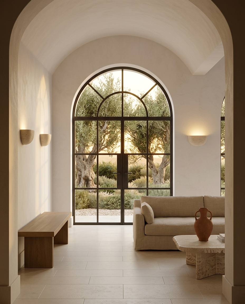 Two Wabi-Sabi Travertine Wall Sconces mounted symmetrically in Mediterranean villa living room