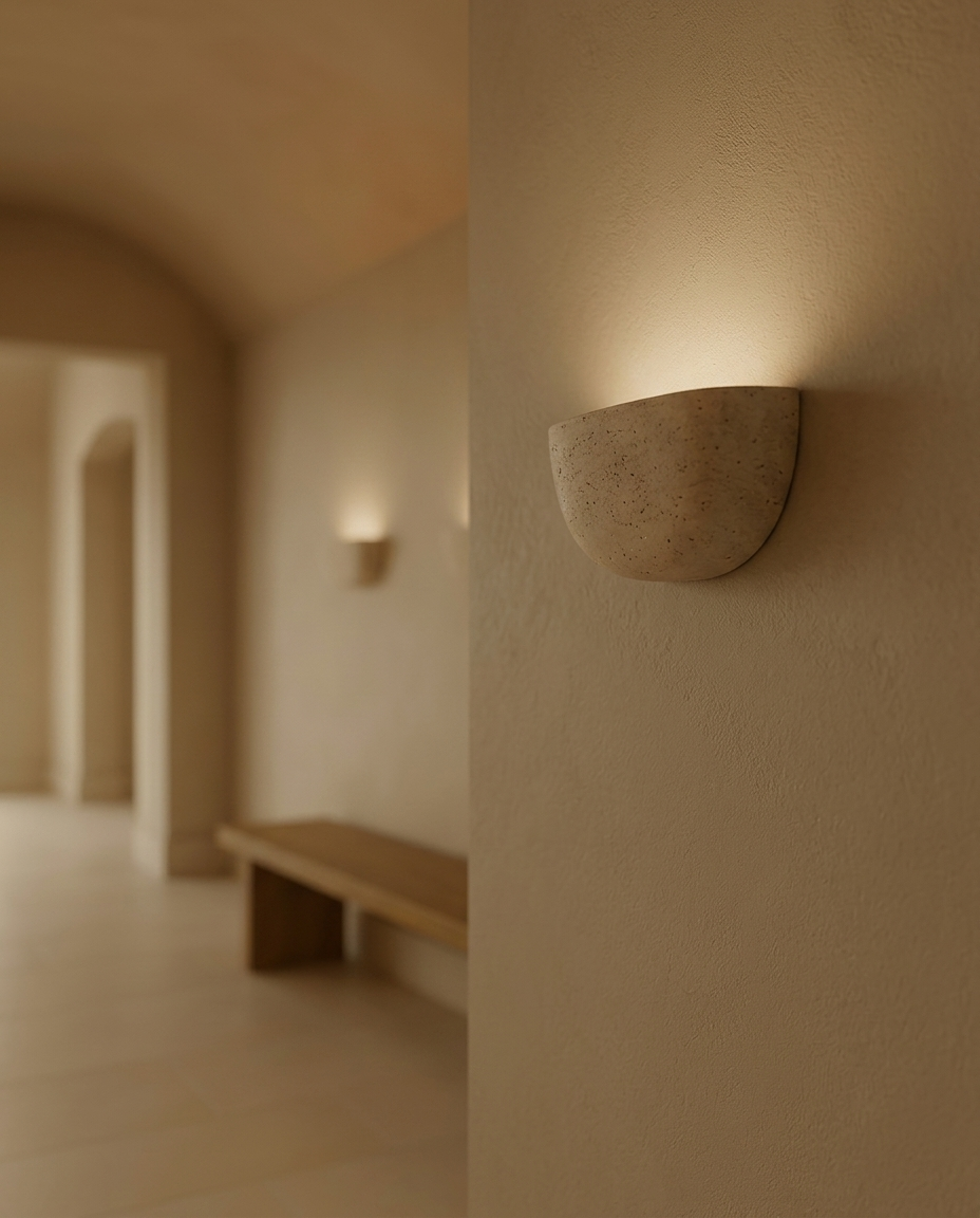 Wabi-Sabi Travertine Wall Sconce in boutique hotel corridor, subtle upward glow, calm evening