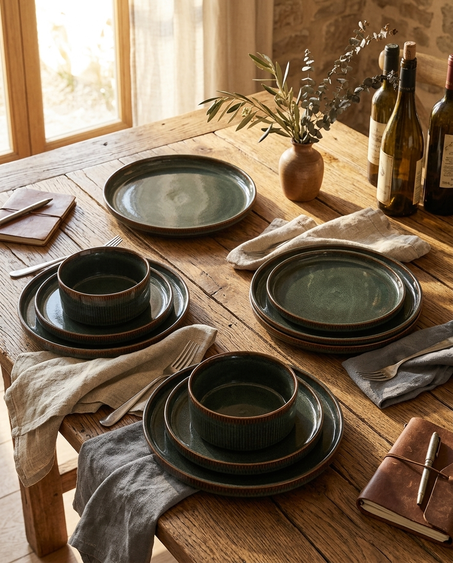 Green Ribbed Stoneware Dinnerware Set, 16-Piece