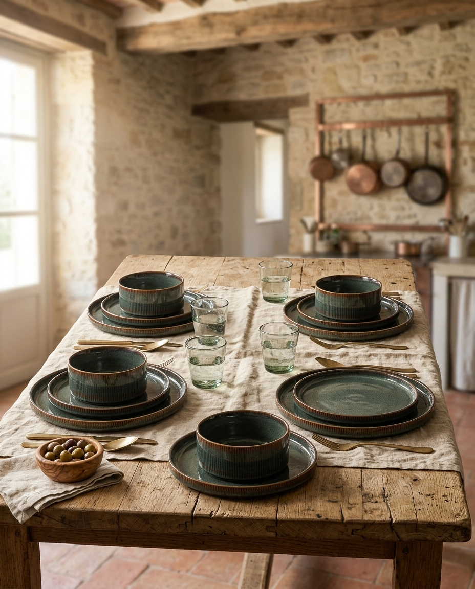 Green Ribbed Stoneware Dinnerware Set, 16-Piece