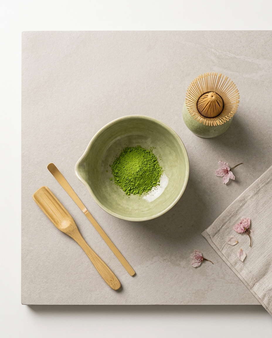 Japanese Matcha Tea Ceremony Set flat lay from above, pale stone surface, green matcha powder in bowl