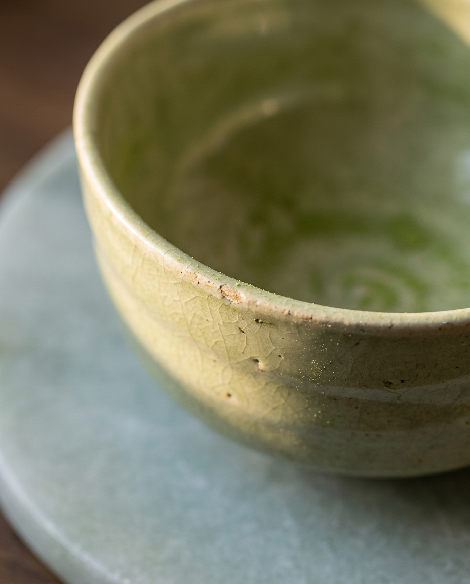 Japanese Matcha Tea Ceremony Set ceramic bowl close-up, handcrafted glaze texture and interior detail