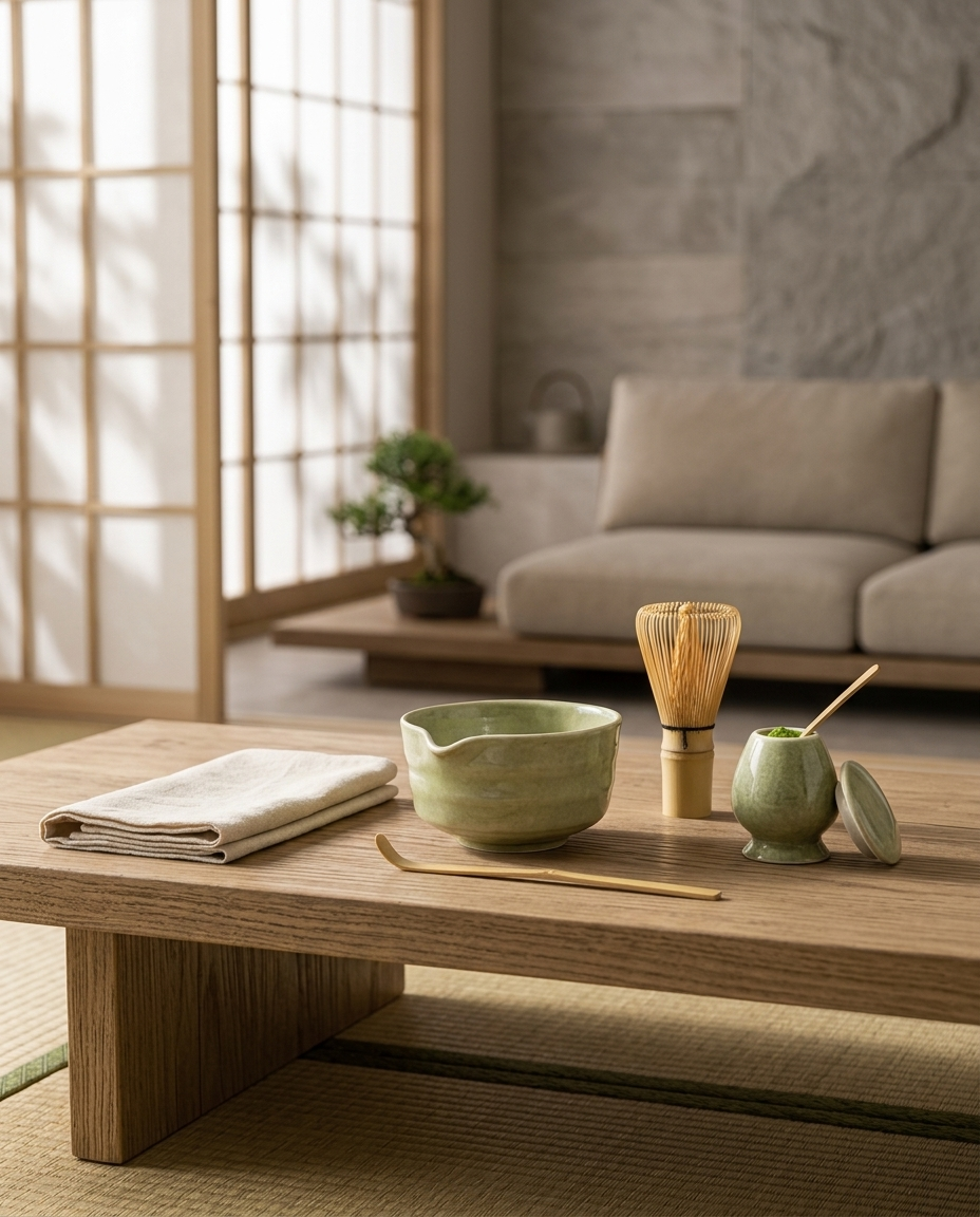 Japanese Matcha Tea Ceremony Set on low Japanese table, Japandi living room, shoji screens, morning light