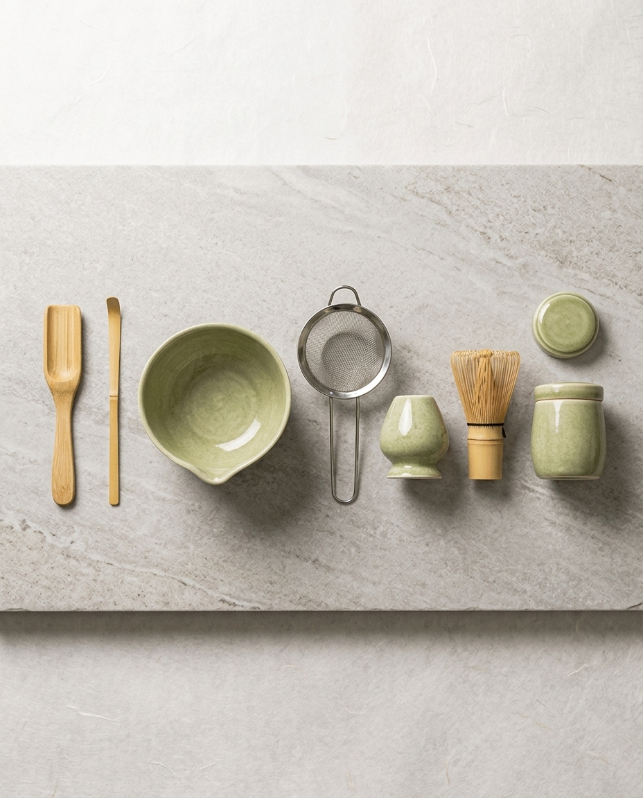 Japanese Matcha Tea Ceremony Set all components laid out separately — bowl, bamboo whisk, bamboo spoon