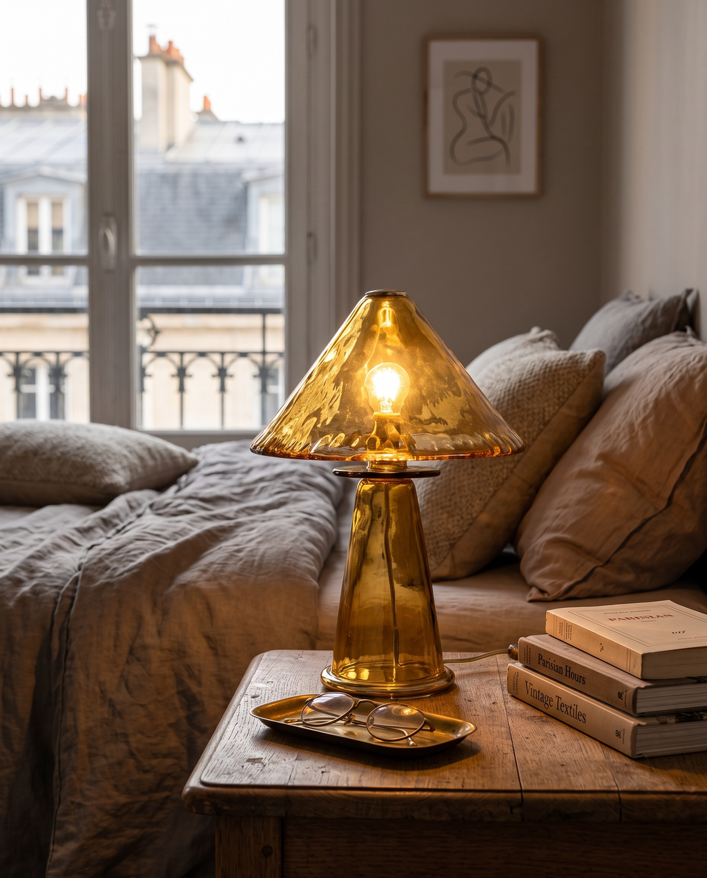 Retro Amber Glass Table Lamp — on a bedside table in a cozy Parisian bedroom, warm amber bedside glow