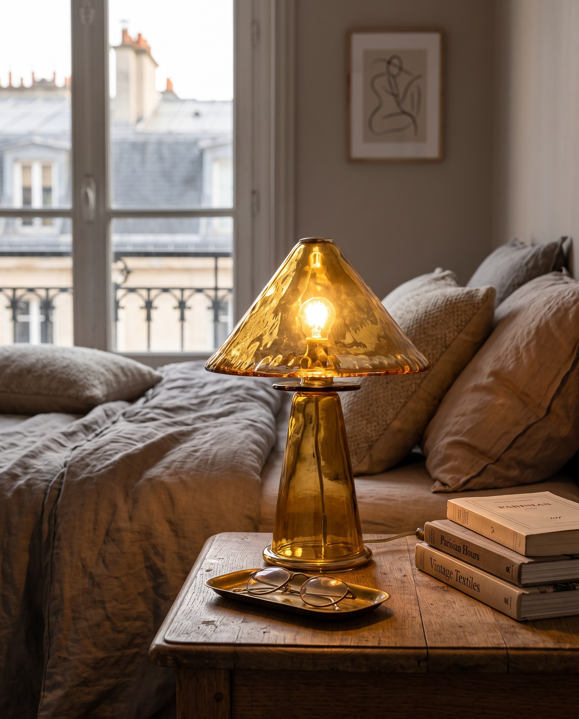 Retro Amber Glass Table Lamp — on a bedside table in a cozy Parisian bedroom, warm amber bedside glow