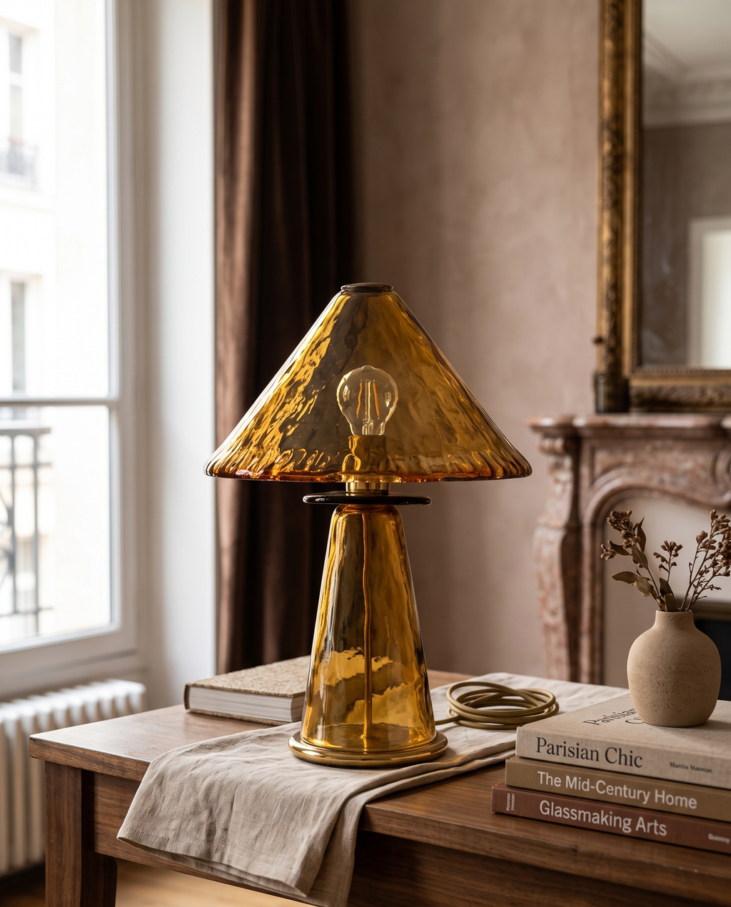 Retro Amber Glass Table Lamp — full lamp styled with books and vase on a console to show scale