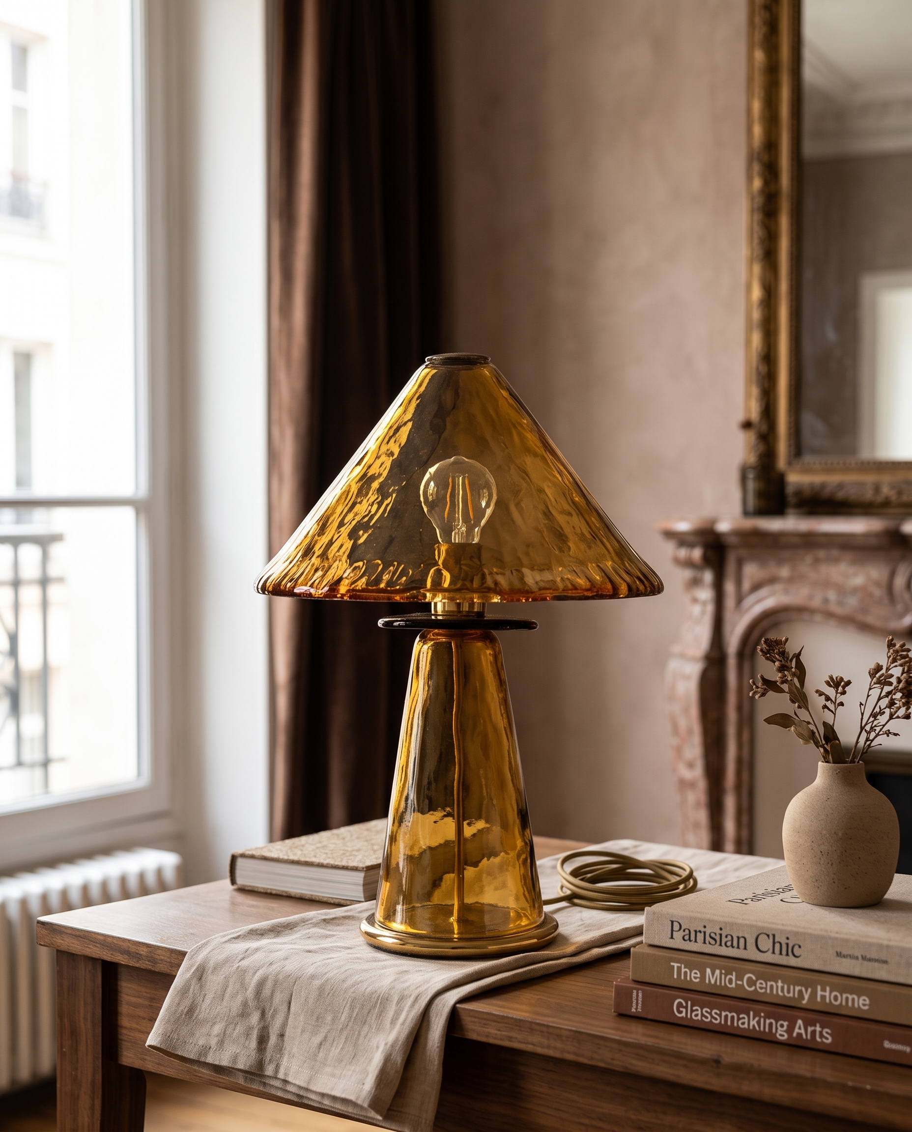 Retro Amber Glass Table Lamp — full lamp styled with books and vase on a console to show scale
