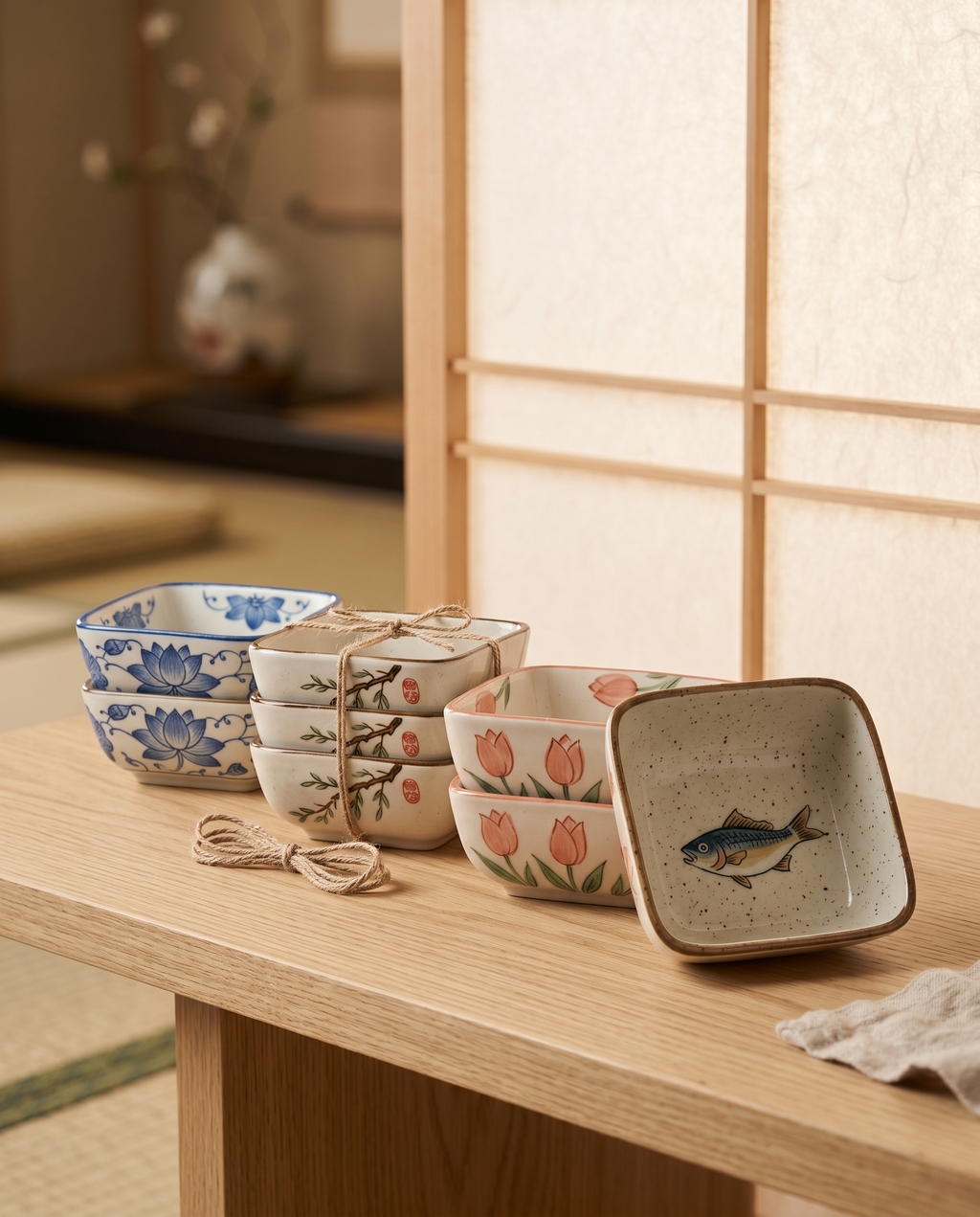 Japanese Ceramic Square Sauce Dishes, Set of 4 — low three-quarter angle in a zen interior with soft shoji light