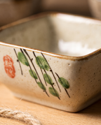 Japanese Ceramic Square Sauce Dishes, Set of 4 — macro detail of the hand-painted glaze and brushwork on a single dish