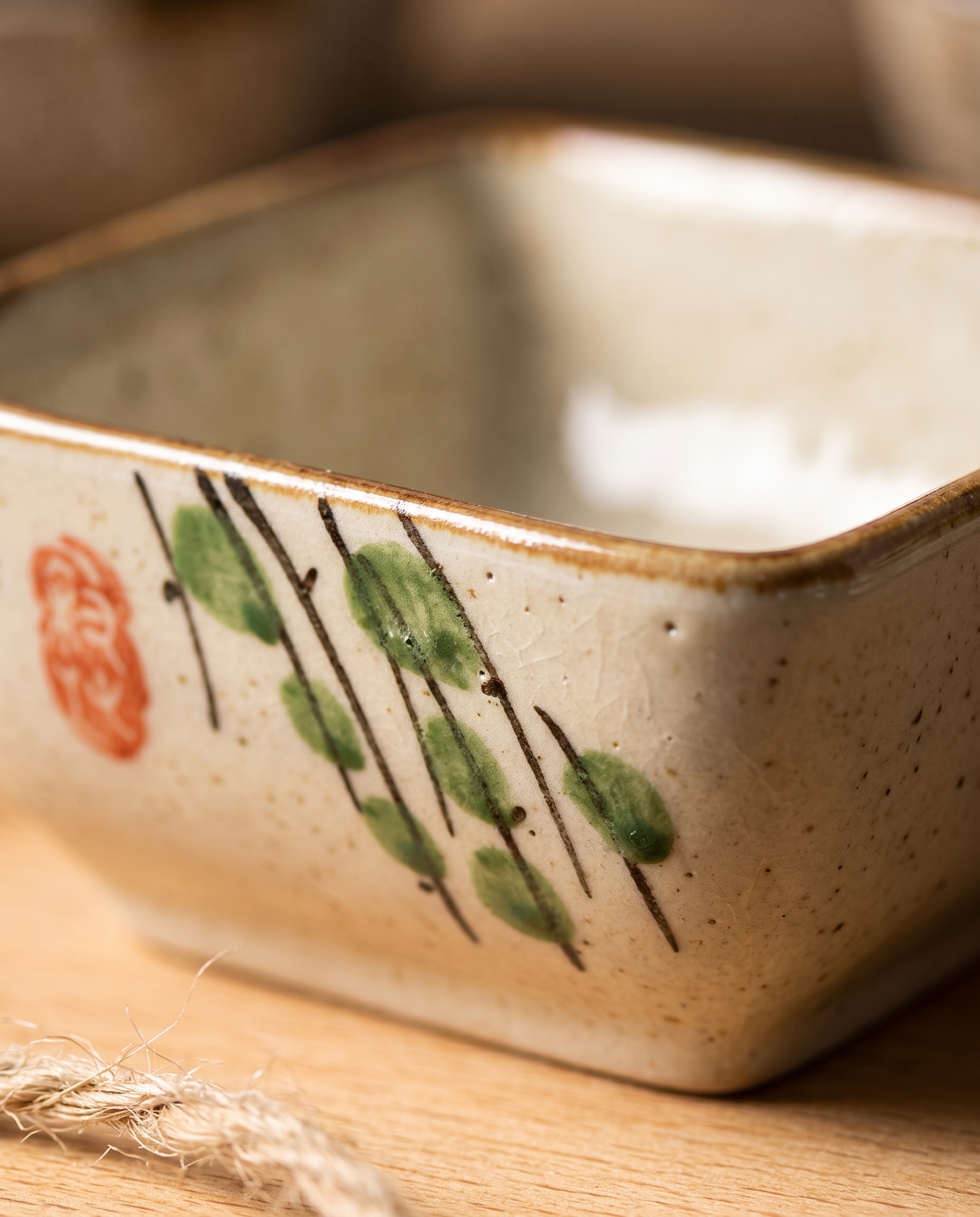 Japanese Ceramic Square Sauce Dishes, Set of 4 — macro detail of the hand-painted glaze and brushwork on a single dish