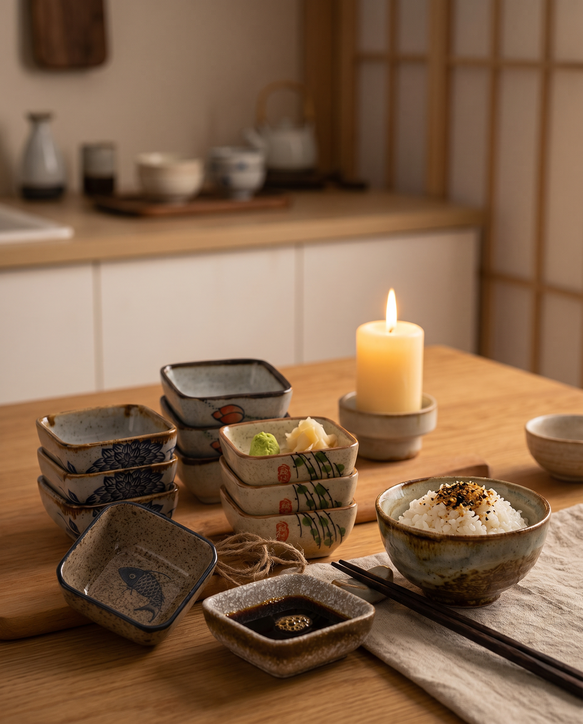 Japanese Ceramic Square Sauce Dishes, Set of 4 — styled at a dinner setting with soy sauce and condiments in warm candlelight