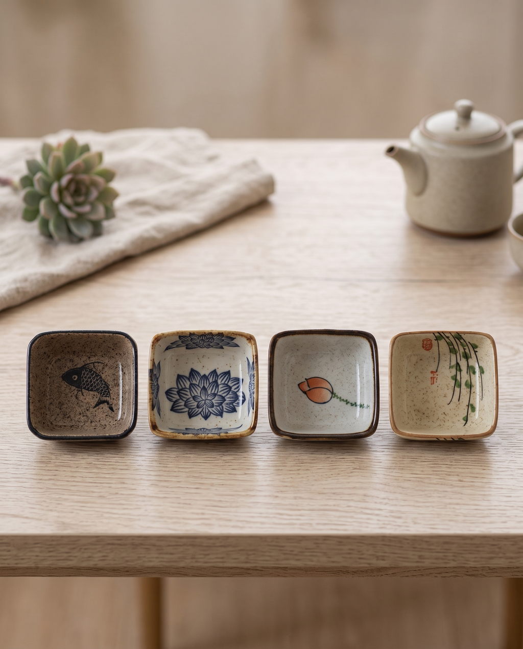 Japanese Ceramic Square Sauce Dishes, Set of 4 — full set of four from above showing each unique pattern