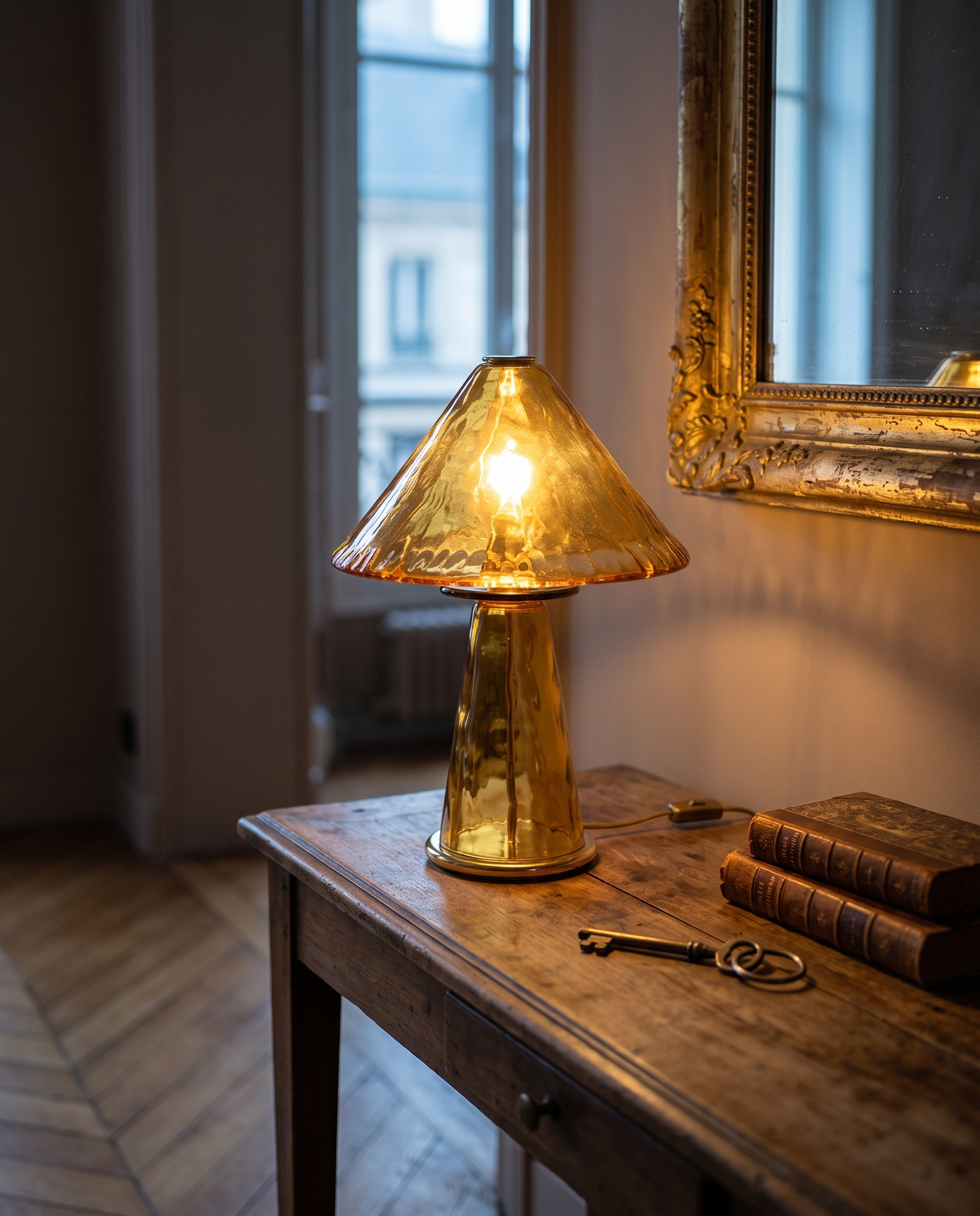 Retro Amber Glass Table Lamp — hero lifestyle on a walnut console in a warm Parisian apartment at dusk, soft amber glow