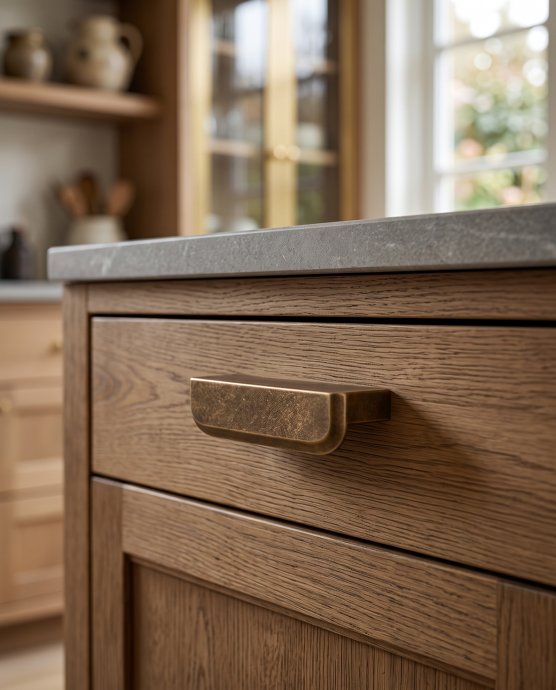 Antique Bronze Drawer Pull, Zinc Alloy — mounted in situ on a luxury kitchen cabinet drawer, warm morning light
