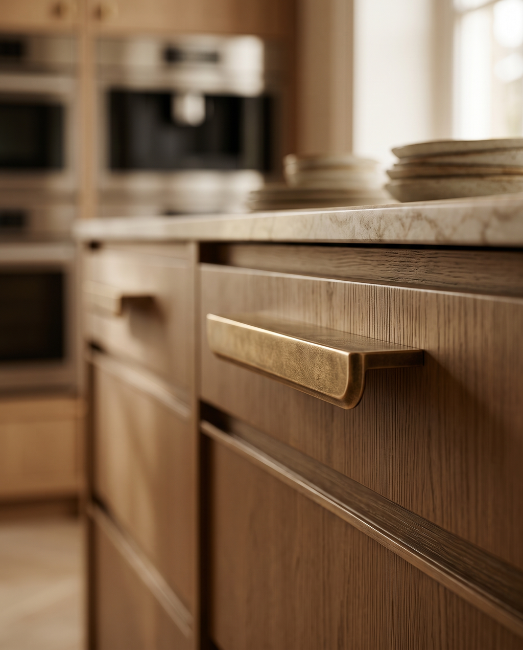 Antique Bronze Drawer Pull, Zinc Alloy — low side angle showing the slim aged-bronze profile on cabinetry