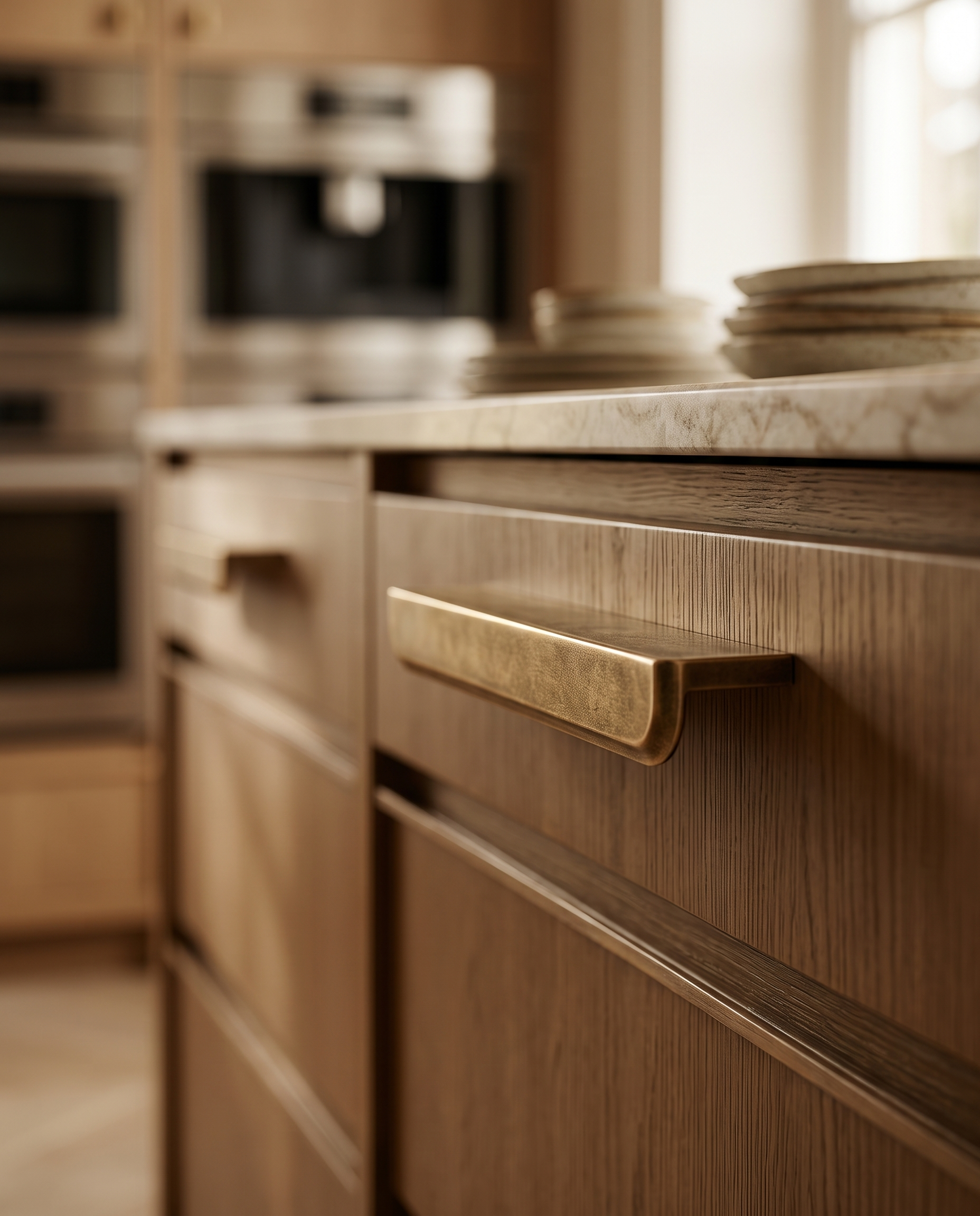 Antique Bronze Drawer Pull, Zinc Alloy — low side angle showing the slim aged-bronze profile on cabinetry