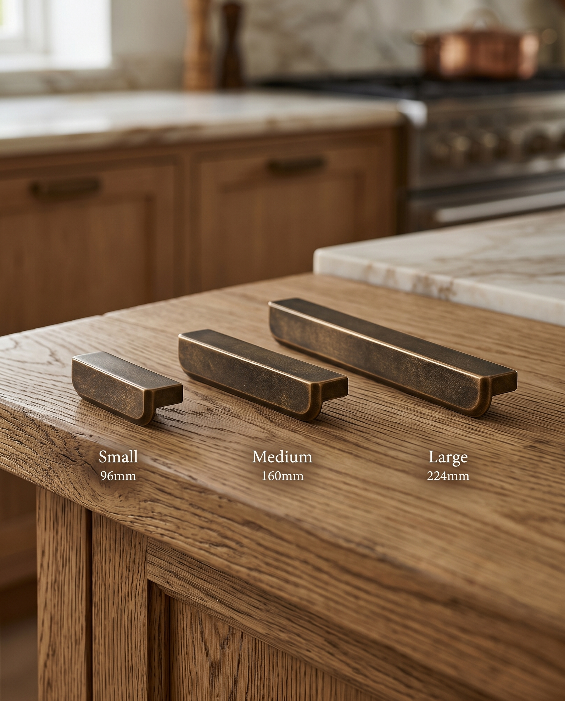 Antique Bronze Drawer Pull, Zinc Alloy — three lengths side by side showing the small, medium and large size range