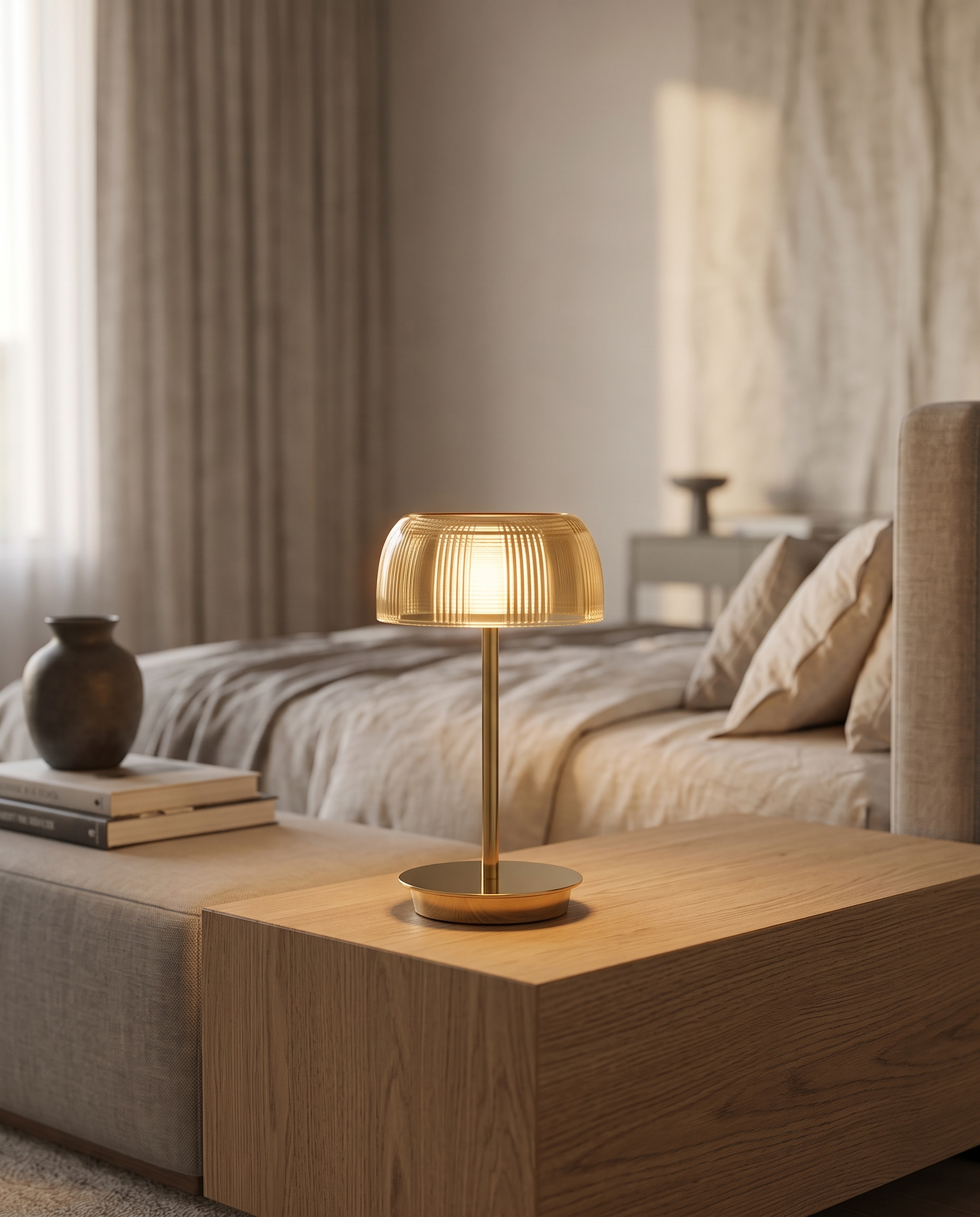 Jellyfish-Inspired Rechargeable LED Table Lamp — low three-quarter angle on a minimalist oak console, warm evening light