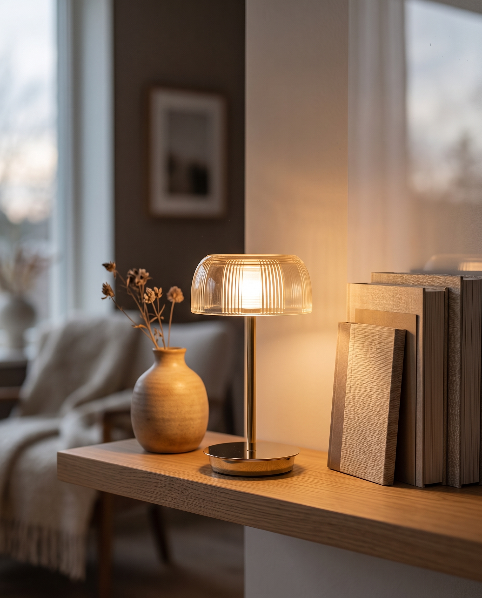 Jellyfish-Inspired Rechargeable LED Table Lamp — on a floating oak shelf in a cozy minimalist living room at dusk