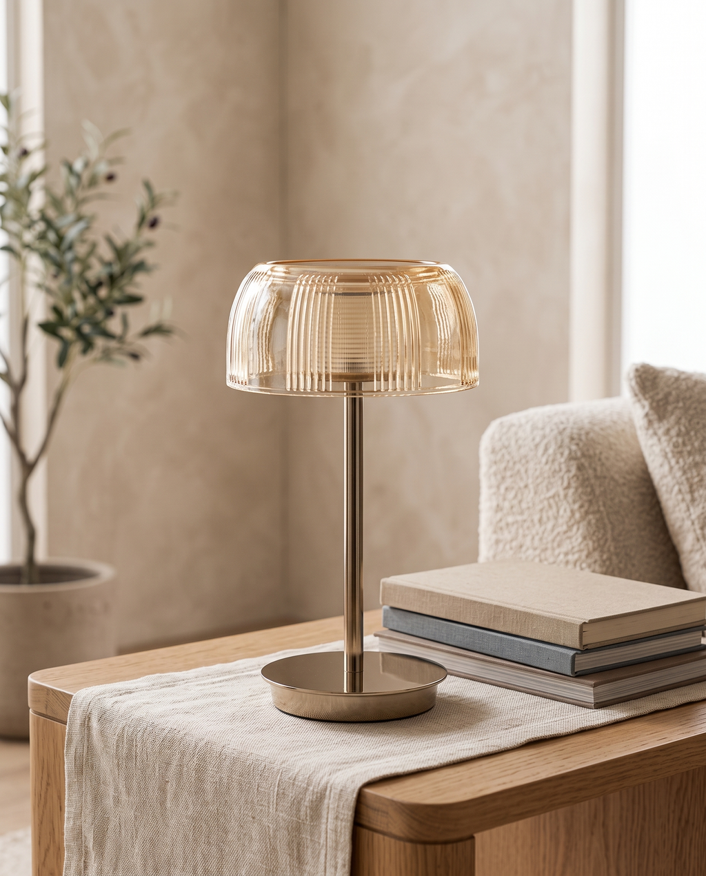 Jellyfish-Inspired Rechargeable LED Table Lamp — full lamp on a styled side table showing scale
