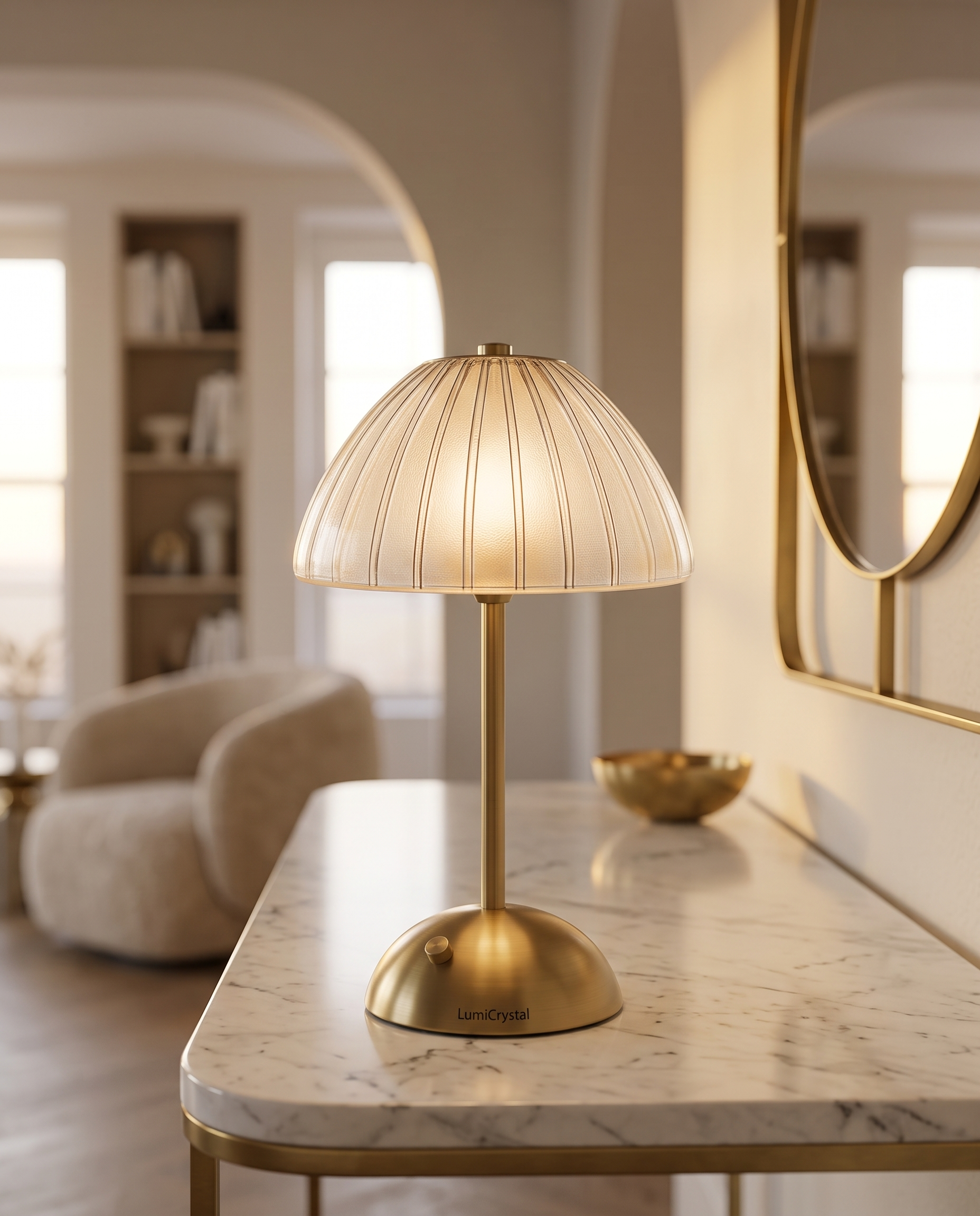 Cordless Crystal-Cut Shade LED Table Lamp, Gold — lamp glowing softly on a polished marble console, modern luxury apartment with brass accents, warm evening ambient light