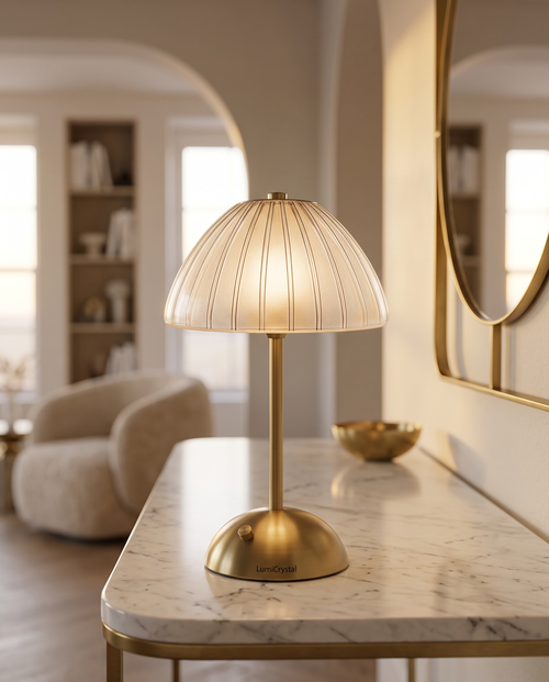 Cordless Crystal-Cut Shade LED Table Lamp, Gold — lamp glowing softly on a polished marble console, modern luxury apartment with brass accents, warm evening ambient light