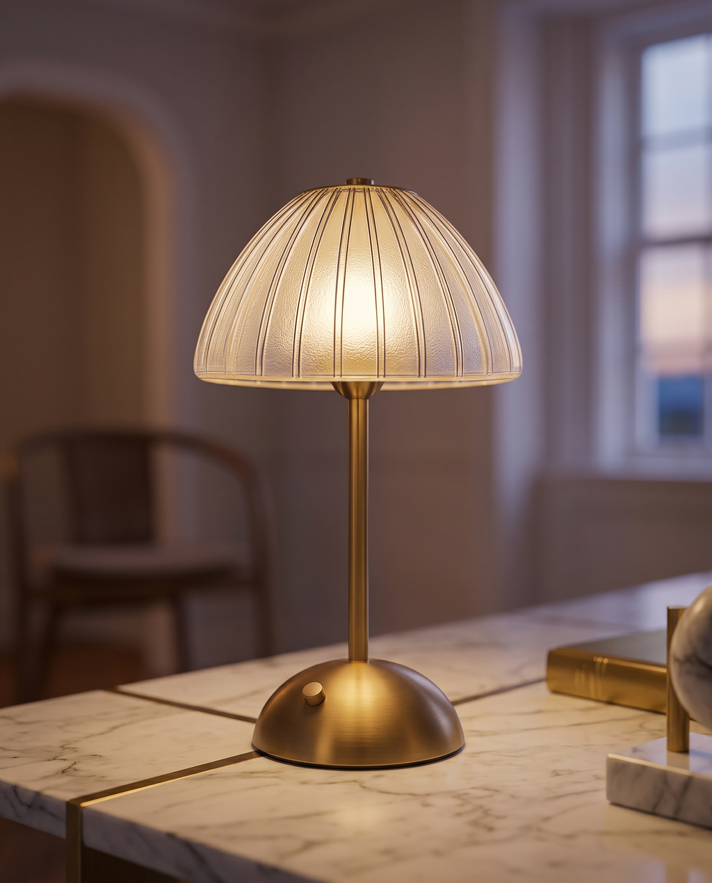 Cordless Crystal-Cut Shade LED Table Lamp, Gold — low side-angle view showing cordless base and crystal shade, modern luxury apartment marble surface, warm glow