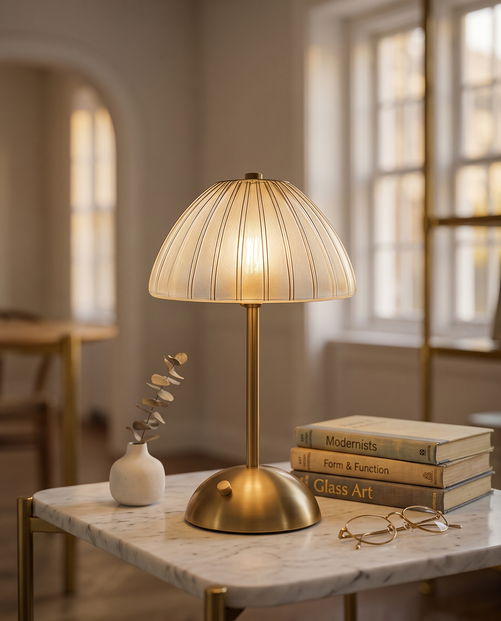 Cordless Crystal-Cut Shade LED Table Lamp, Gold — full lamp on a styled marble side table with books and vase for scale, modern luxury apartment, warm evening light