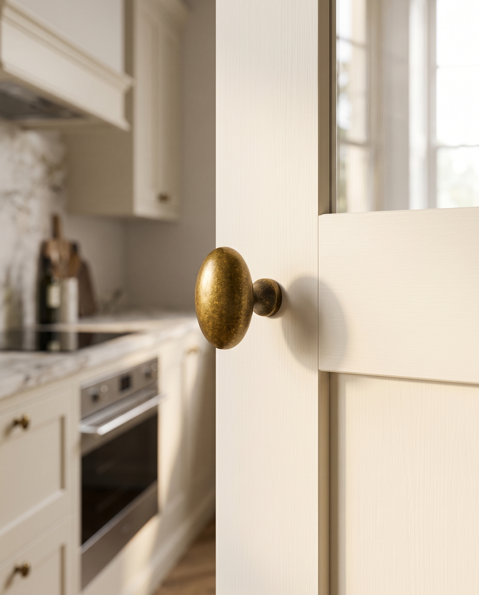 Floral Antique Brass Cabinet Knob — hero installed view, cream Shaker kitchen cabinet door, warm vintage brass glow