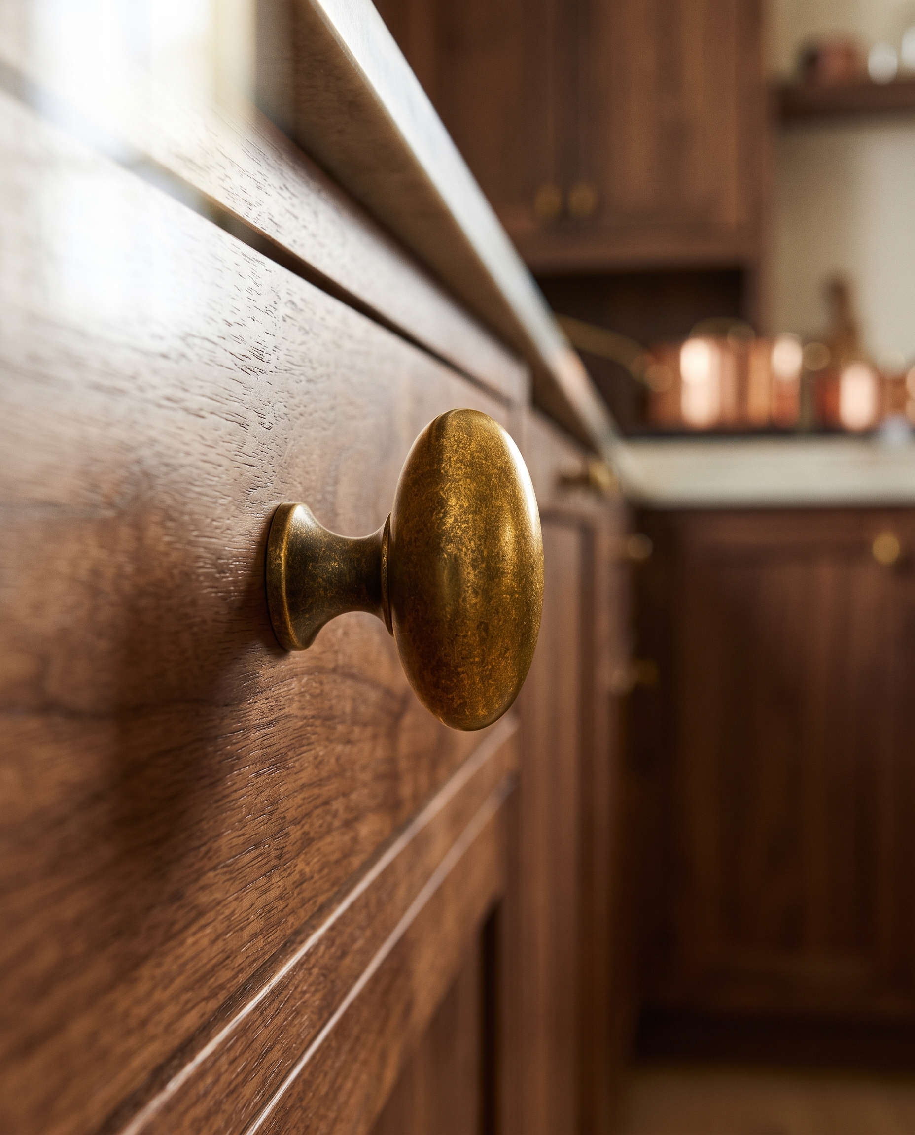 Floral Antique Brass Cabinet Knob — low side angle, mounted on kitchen drawer front, brass profile in warm light