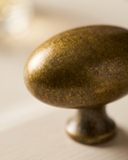 Floral Antique Brass Cabinet Knob — macro detail, antique brass patina and texture under warm side light