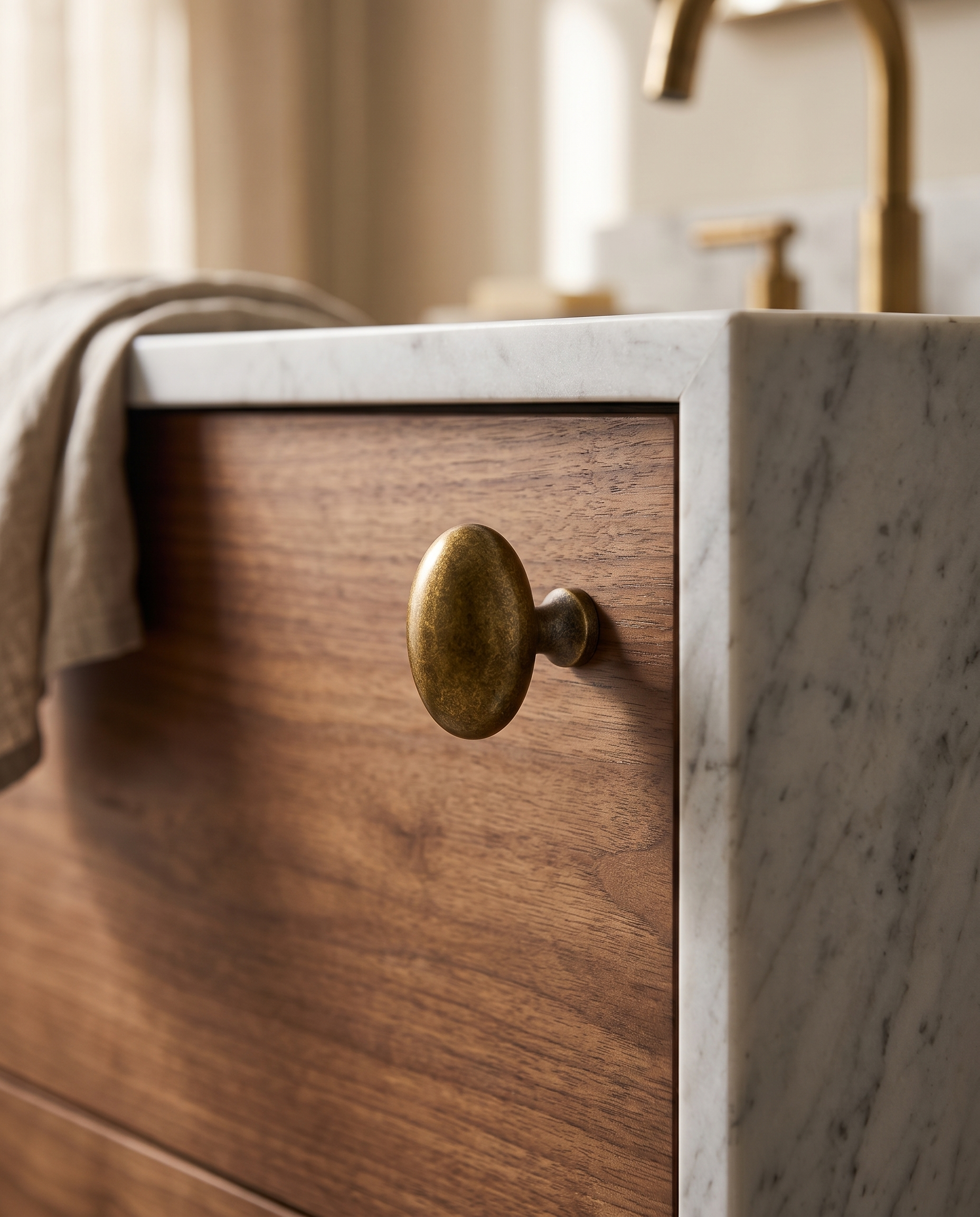 Floral Antique Brass Cabinet Knob — mounted on walnut vanity drawer beside marble, warm bathroom setting
