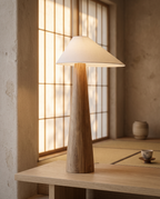 Solid Wood Minimalist Lamp, Table and Floor — hero, serene Japandi living room, glowing softly on light oak table