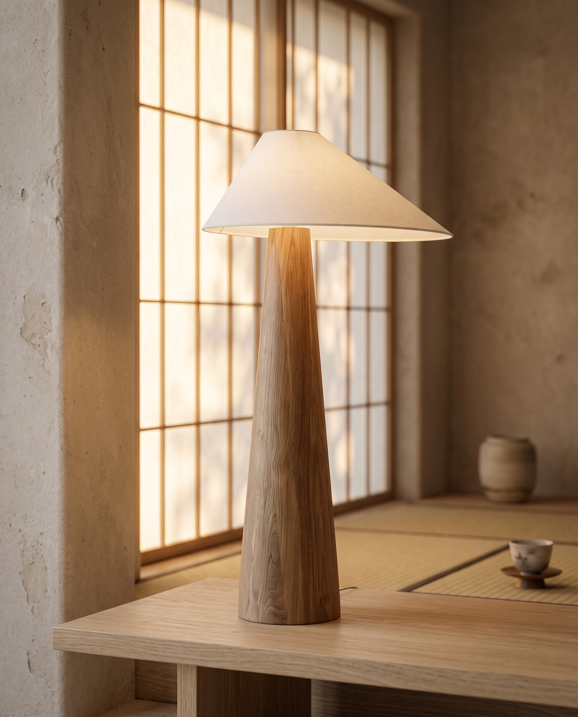 Solid Wood Minimalist Lamp, Table and Floor — hero, serene Japandi living room, glowing softly on light oak table