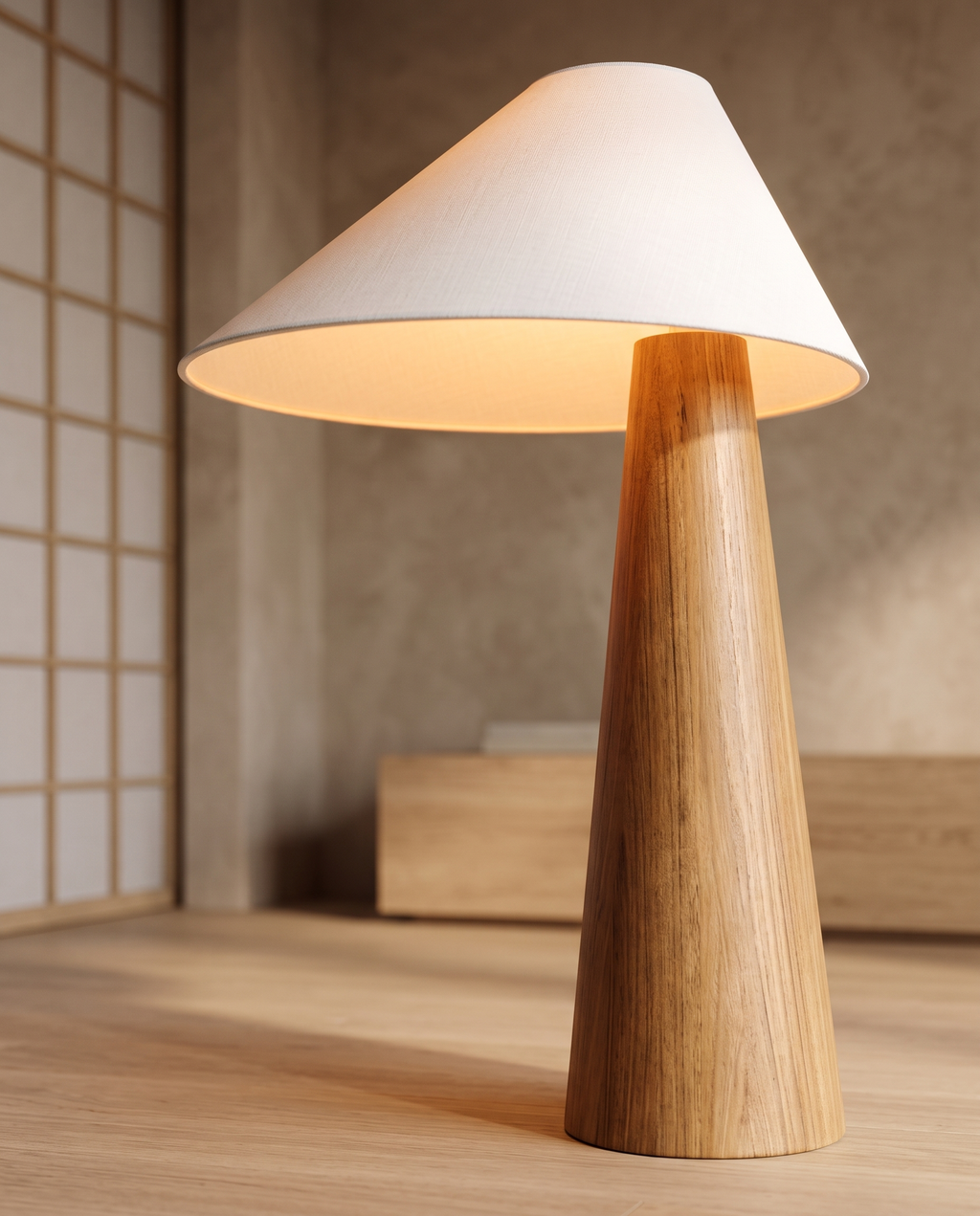 Solid Wood Minimalist Lamp, Table and Floor — lower side angle, minimal Japandi interior, solid wood sculptural form