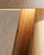 Solid Wood Minimalist Lamp, Table and Floor — macro detail, neutral plaster backdrop, natural wood grain and warm glow