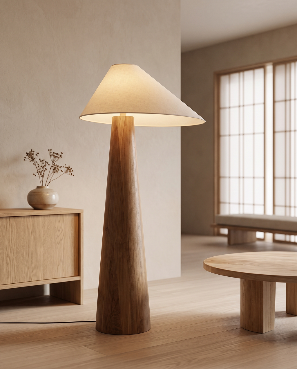 Solid Wood Minimalist Lamp, Table and Floor — full lamp in context, wider Japandi room, shoji screens for scale