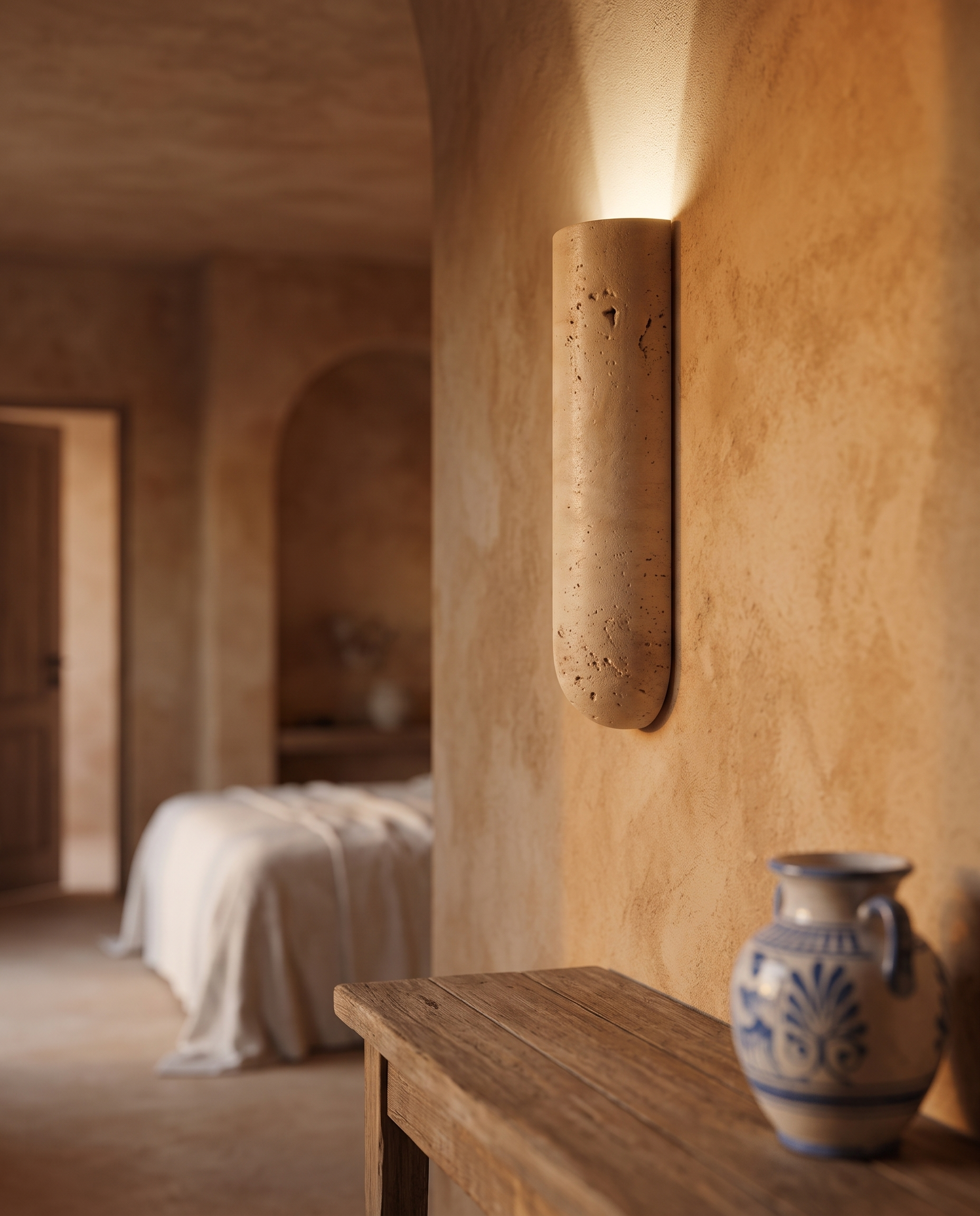 Travertine Stone LED Wall Sconce, G9 — wall sconce, Mediterranean villa hallway at warm evening, soft ambient glow