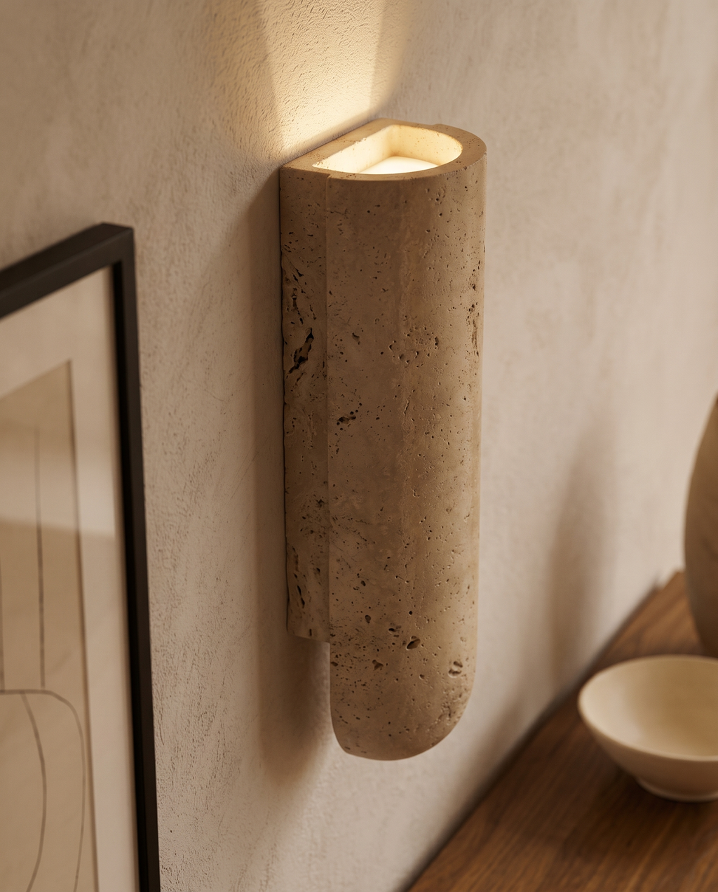 Travertine Stone LED Wall Sconce, G9 — alt angle, warm villa wall, showing dimensional travertine stone form