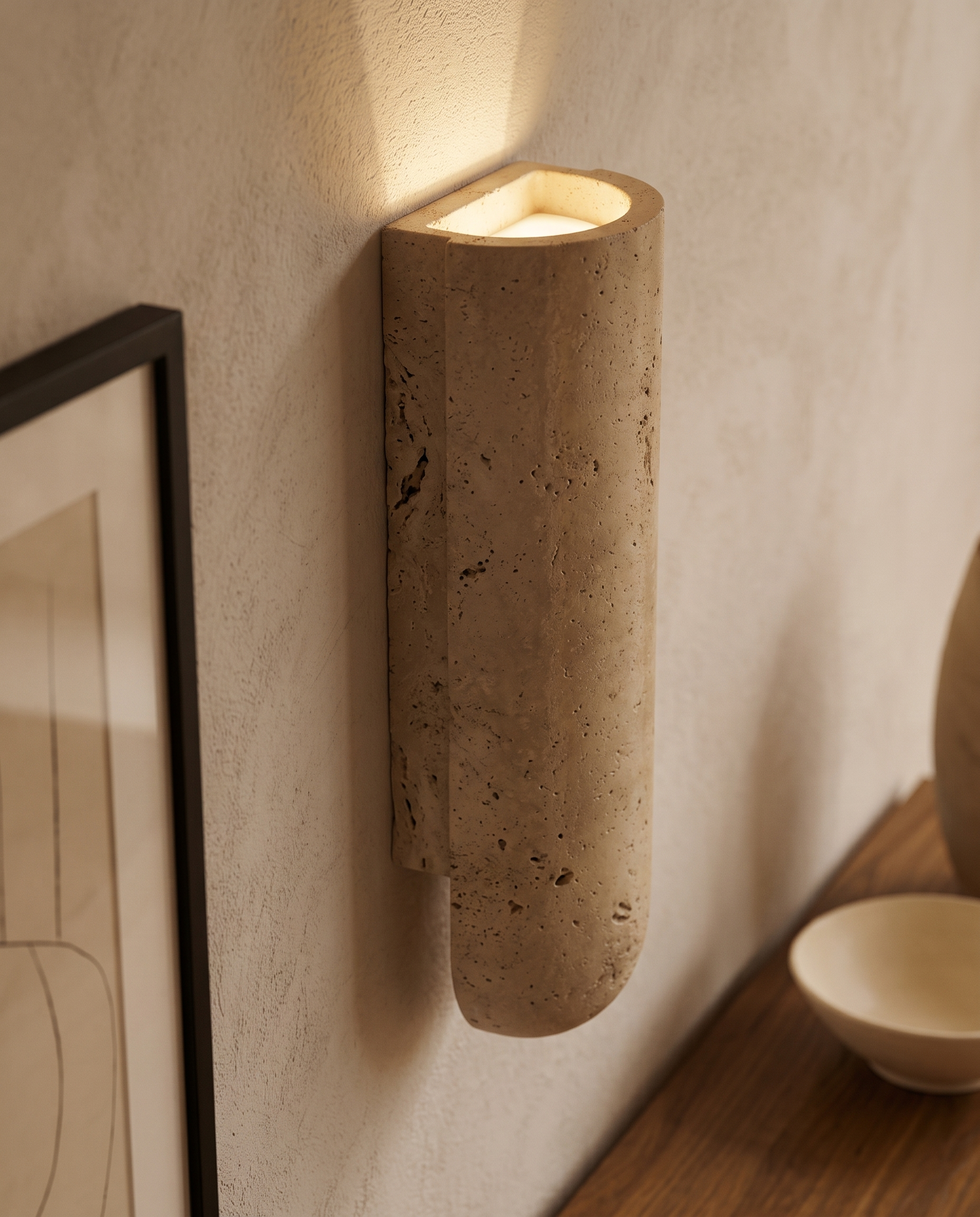 Travertine Stone LED Wall Sconce, G9 — alt angle, warm villa wall, showing dimensional travertine stone form