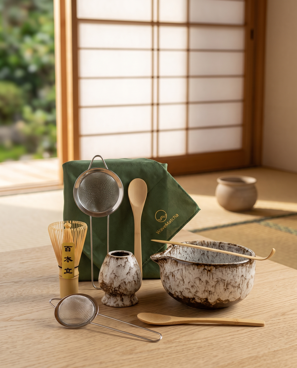 Wave-Textured Porcelain Matcha Tea Set, 6-Piece