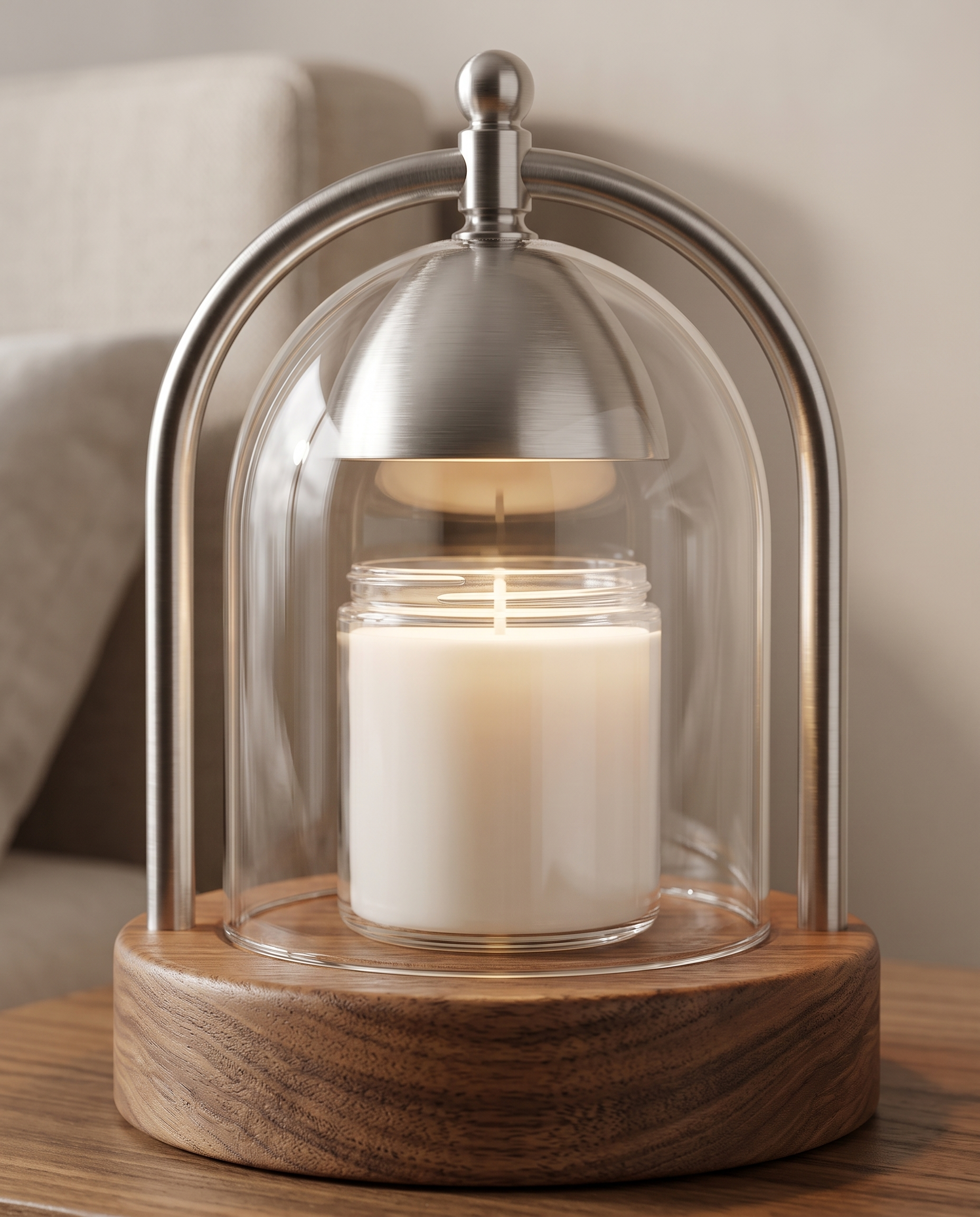 Wood and Glass Candle Warmer Lamp, Timer — detail macro, warm side light, glass shade meeting wood base and brushed steel post