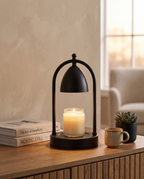 Wood and Glass Candle Warmer Lamp, Timer — scale and placement on a console table with books, plant and mug, modern living room