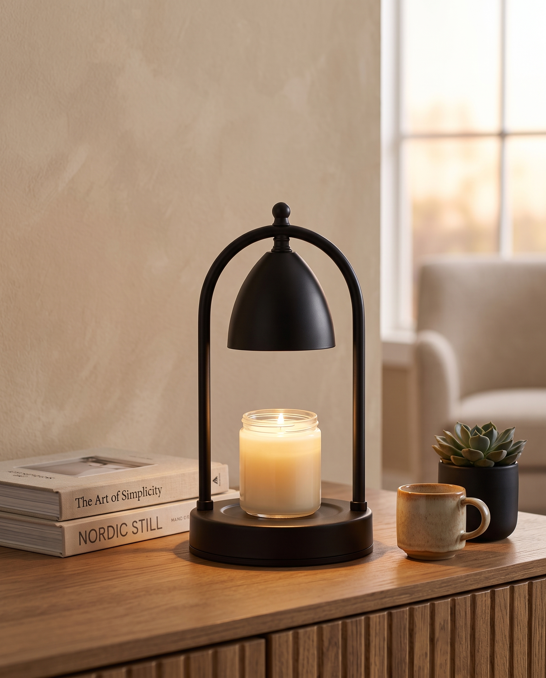 Wood and Glass Candle Warmer Lamp, Timer — scale and placement on a console table with books, plant and mug, modern living room